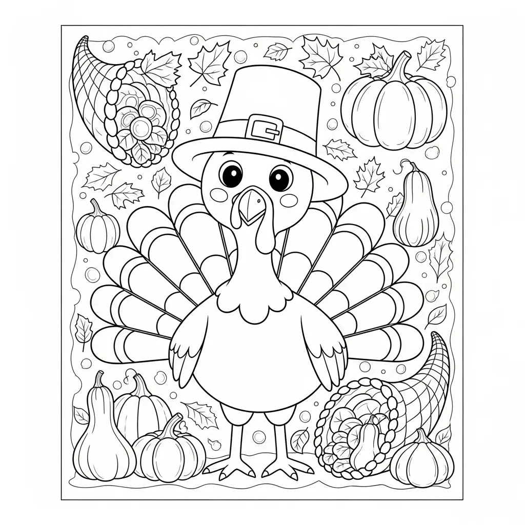 coloring page for kids of a cartoon thanksgiving turkey