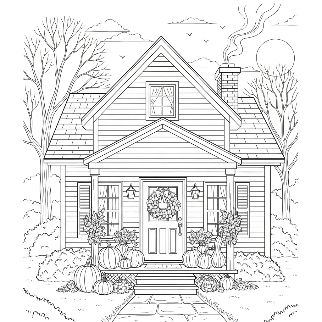 coloring page of a home decorated for thanksgiving with wreaths and pumpkins