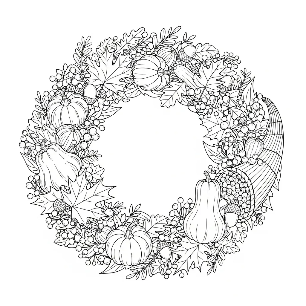 coloring page of a thanksgiving wreath with a cornucopia, pumpkins, a leaves