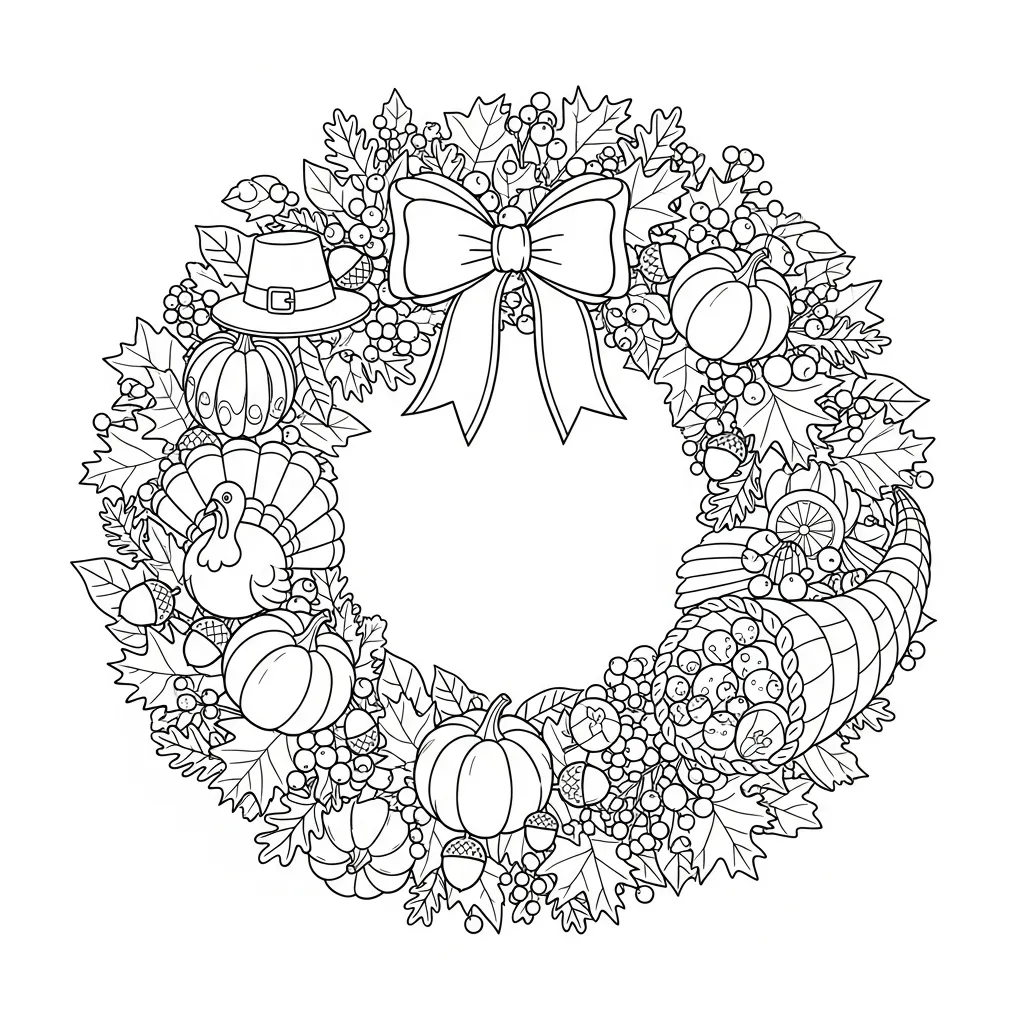 coloring page of a thanksgiving wreath with pumpkins, turkey, pilgrim hat, and cornucopia