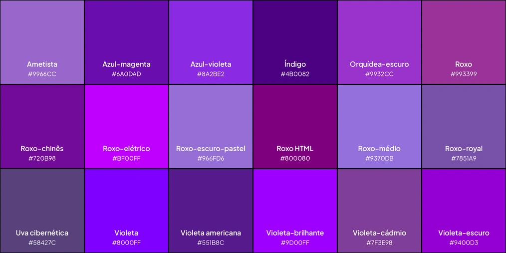 Paleta com 18 tons de roxo: ametista, azul-magenta, azul-violeta, índigo, orquídea-escuro, roxo, roxo-chinês, roxo-elétrico, roxo-escuro-pastel, roxo HTML, roxo-médio, roxo-royal, uva cibernética, violeta, violeta americana, violeta-brilhante, violeta-cádmio e violeta-escuro.