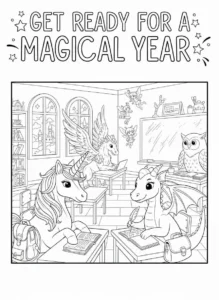 Coloring page with a unicorn, Pegasus, a dragon in a classroom