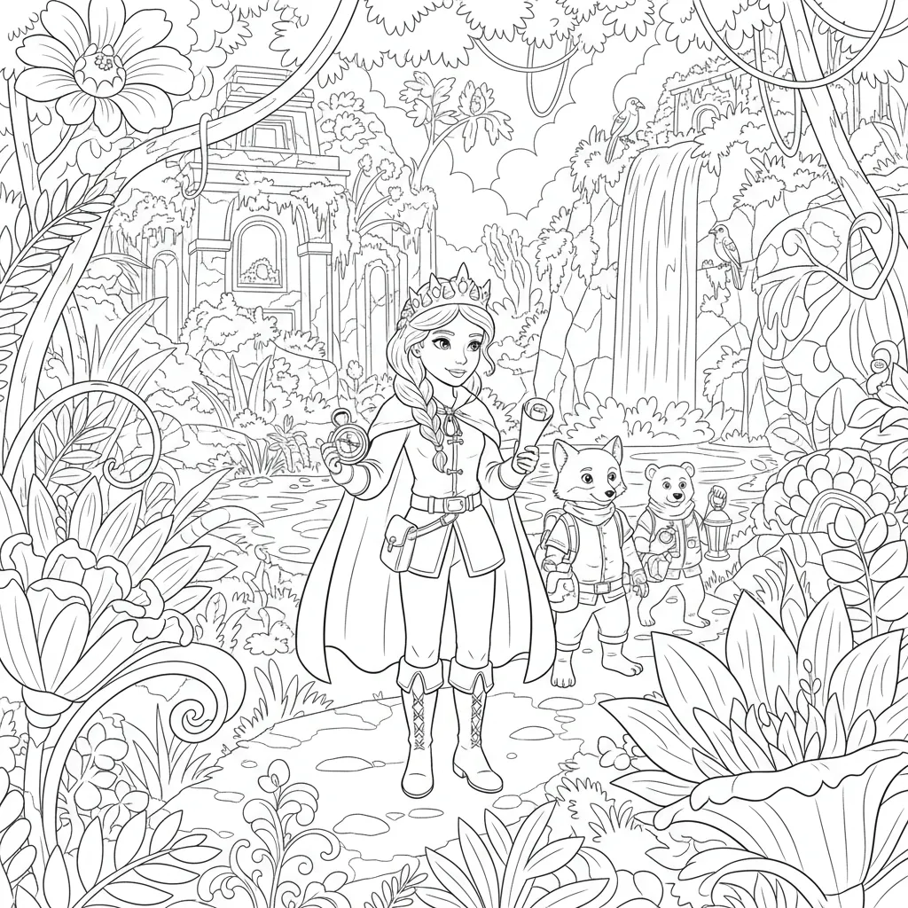 coloring page of a princess on an expedition with her woodland creature friends