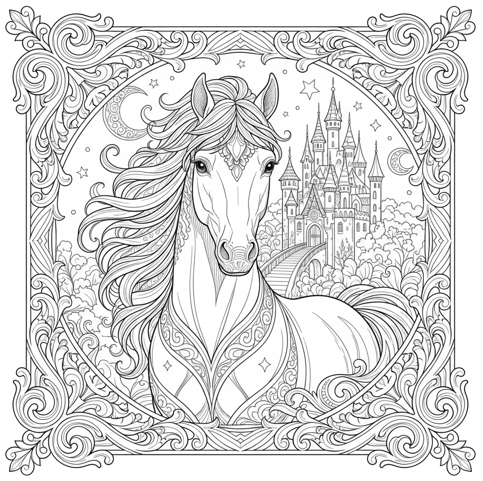 coloriage cheval chateau
