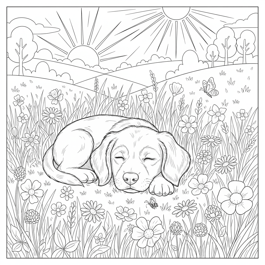 coloring page of a cute puppy sleeping in a meadow