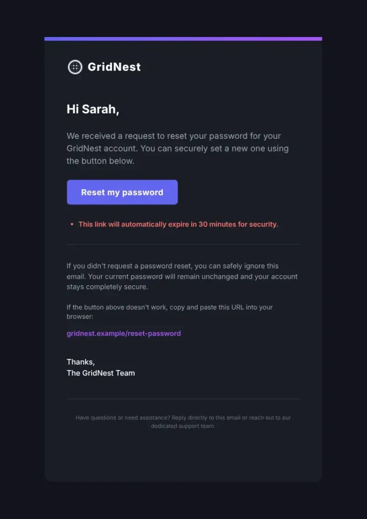 An email marketing example showing a password reset request email