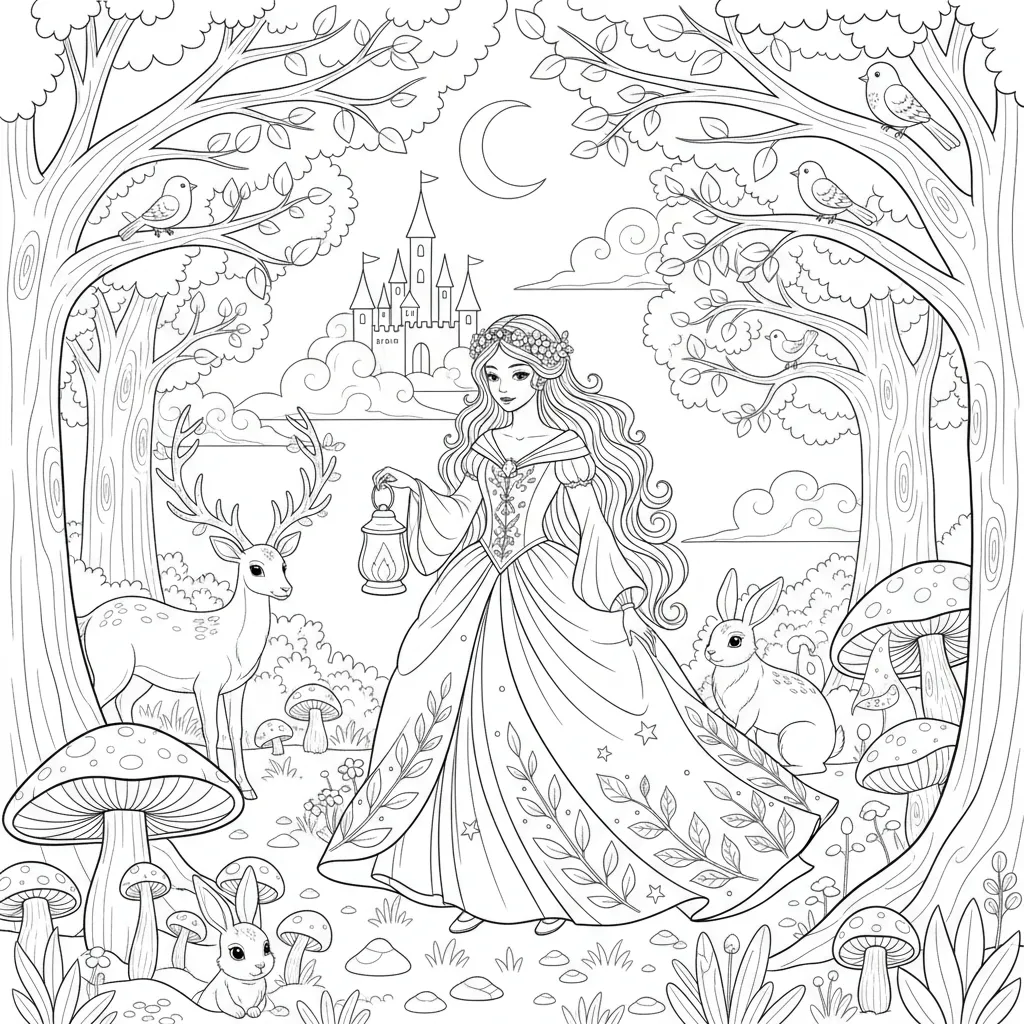coloring page of a fairytale princess in a forest