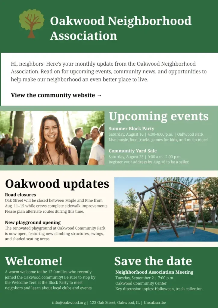 A neighborhood association newsletter created with Quillbot