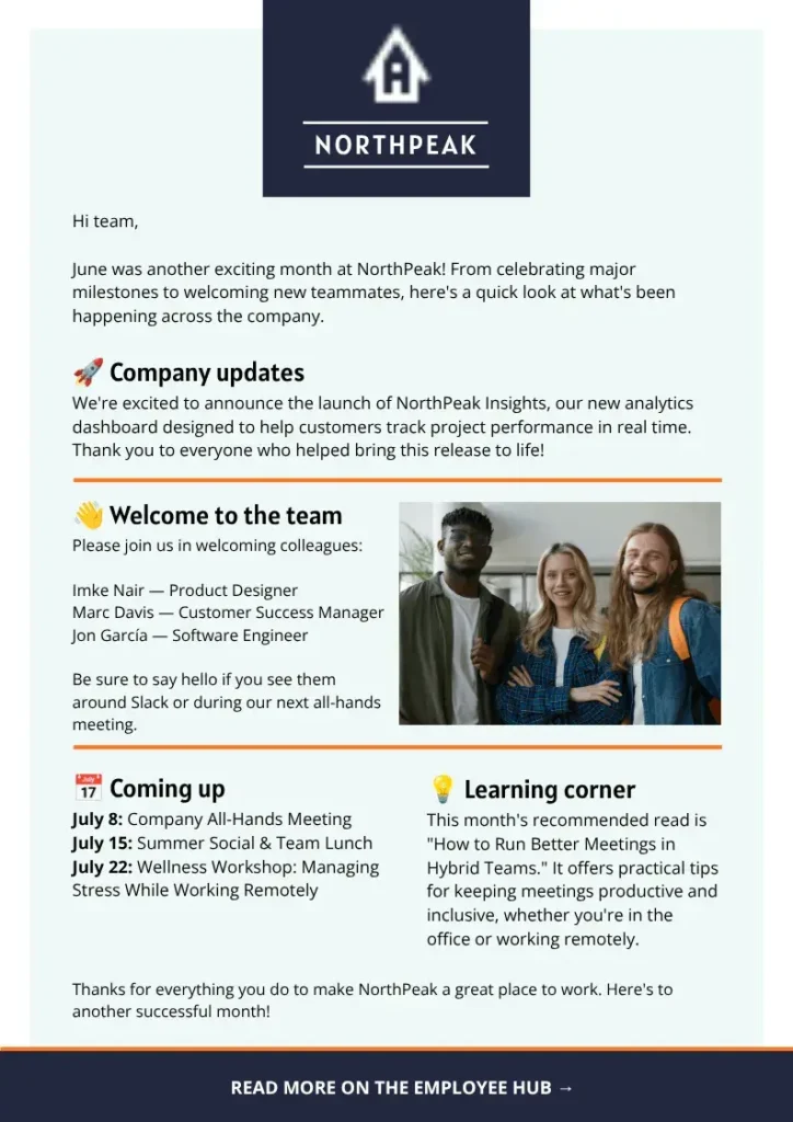 An employee newsletter created with Quillbot