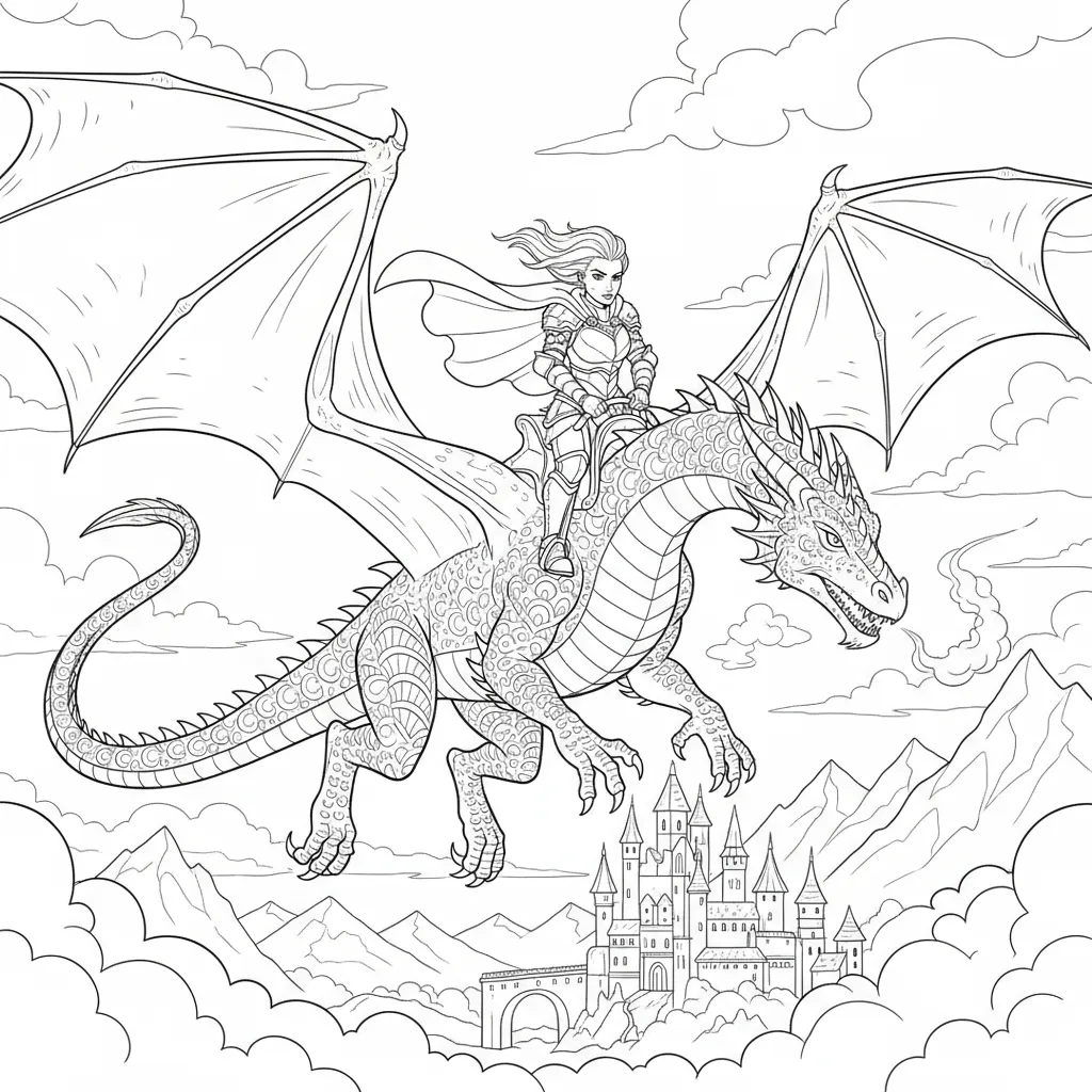 princess coloring page of a princess riding a dragon