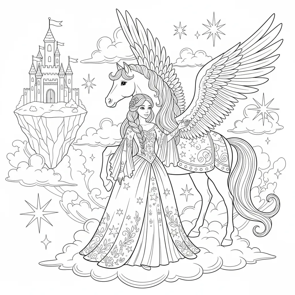 coloring page of a princess with a pegasus