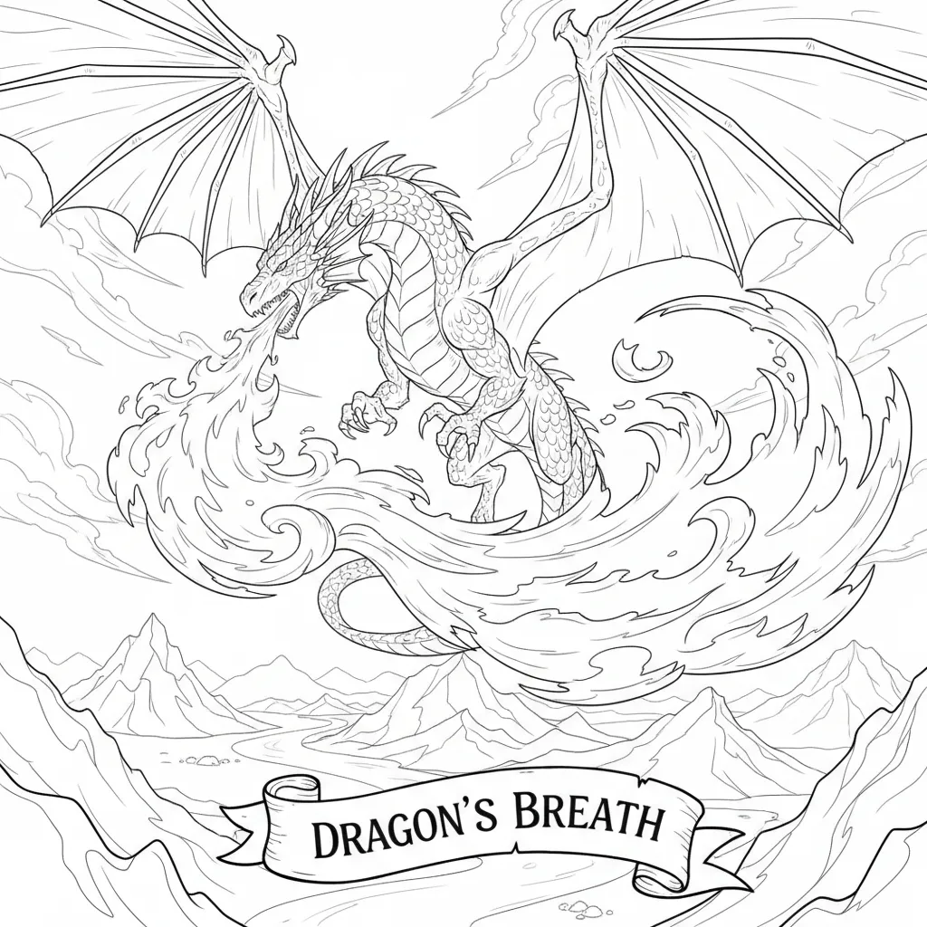 anime style dragon coloring page of a flying dragon breathing fire and the words dragons breath