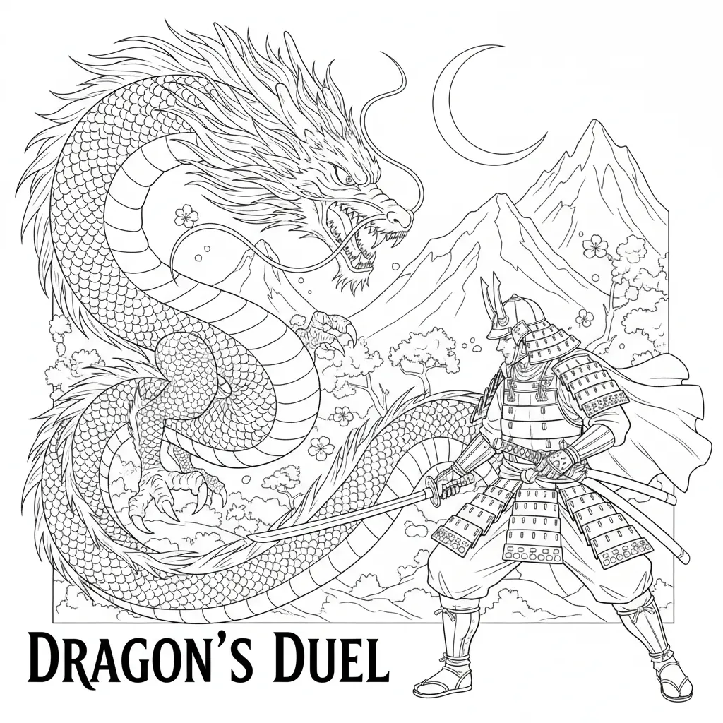 anime style dragon coloring page of a dragon facing off a samurai and the words dragon's duel