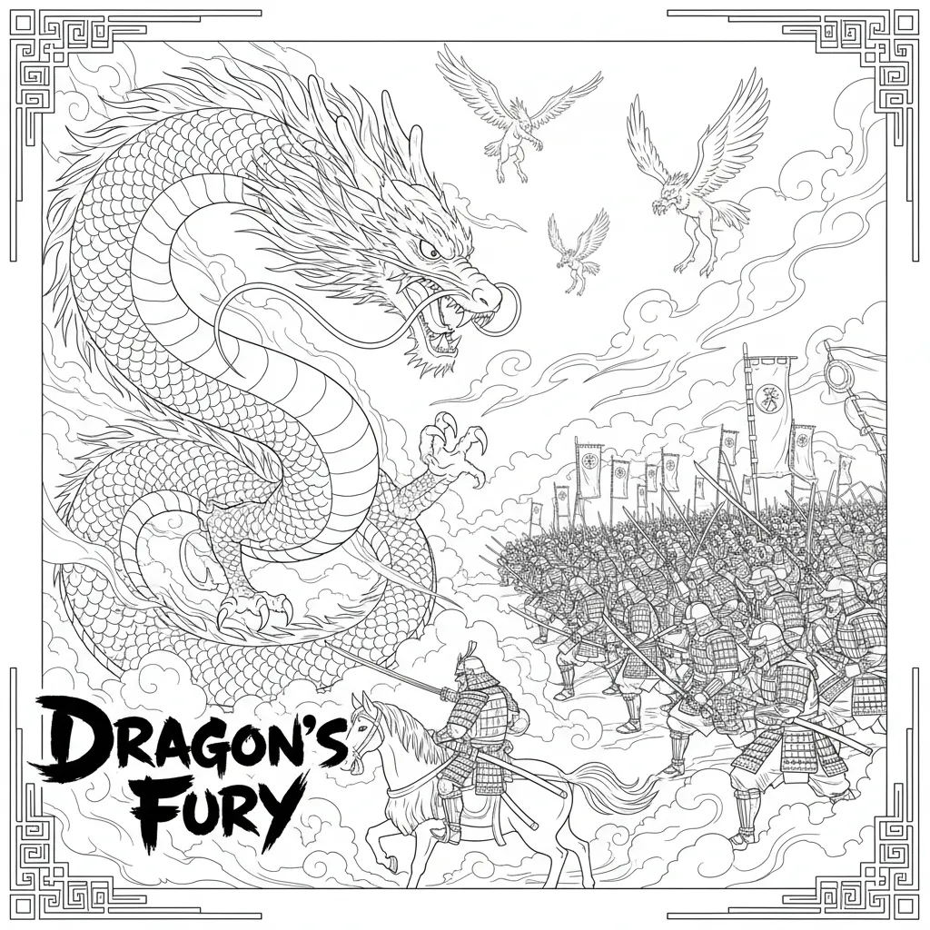 anime style dragon coloring page of a dragon facing off an army of samurai with the words dragon's fury