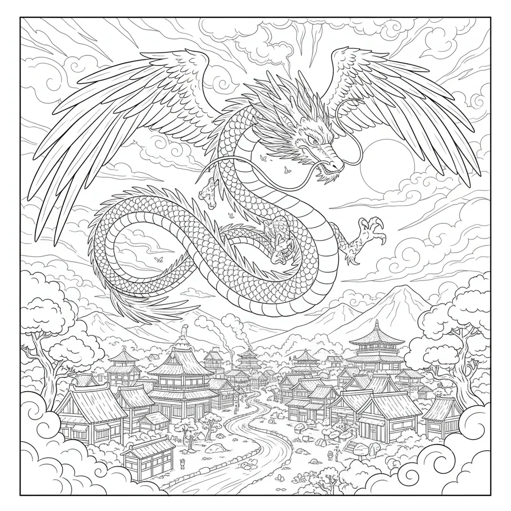 anime style dragon coloring page of a dragon flying over a medieval japanese village