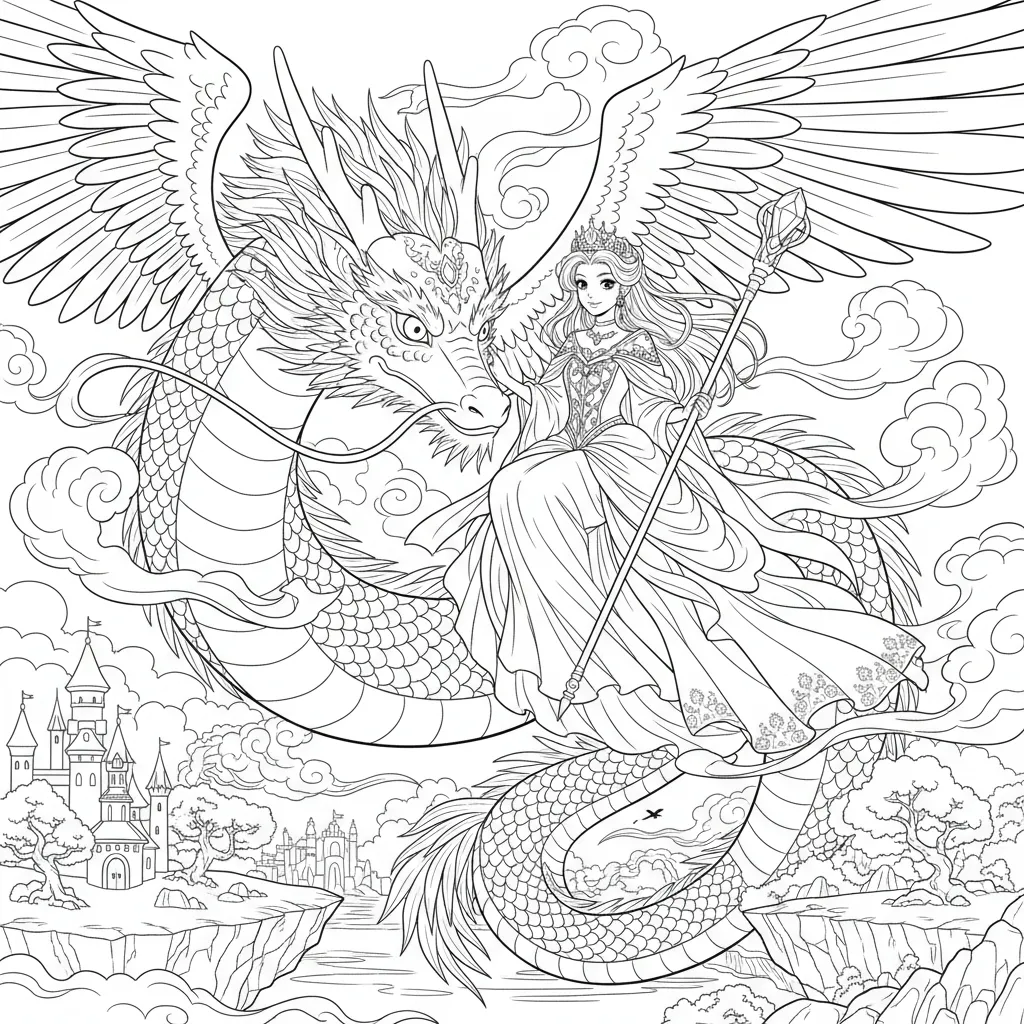 anime style dragon coloring page of a flying dragon and princess