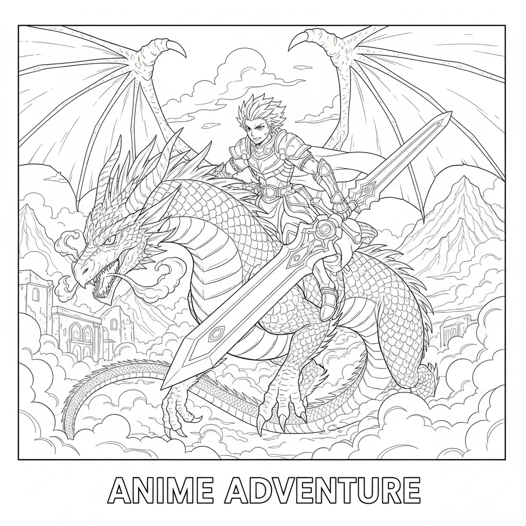 anime style coloring page of a dragon being ridden by a warrior and the words anime adventure