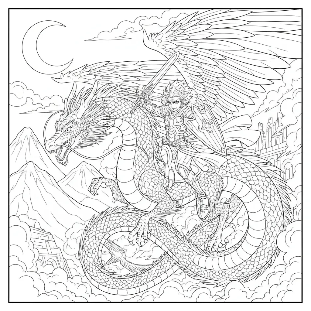 anime style coloring page of a dragon being ridden by a warrior