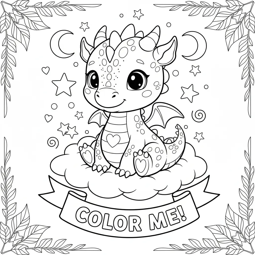 coloring page of a cute dragon sitting on a cloud with the words color me