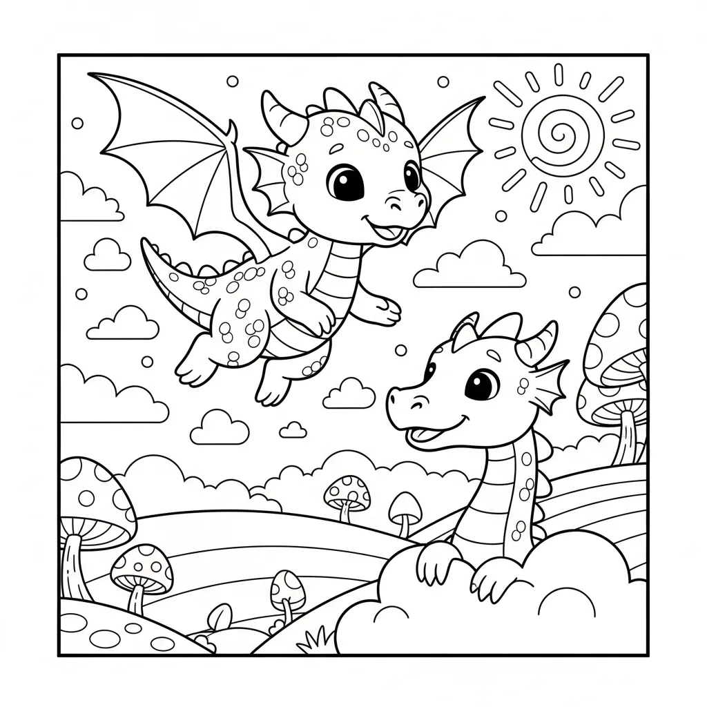 coloring page of a cute dragon scene