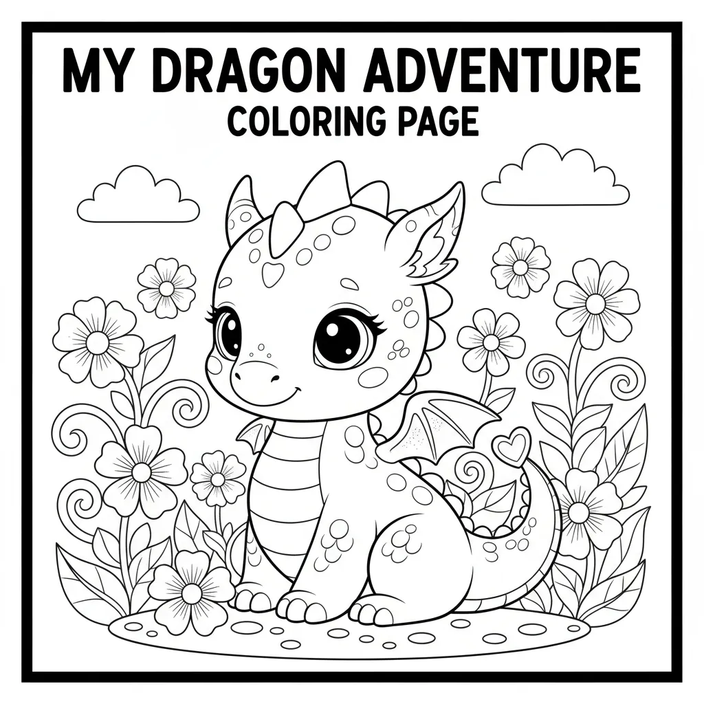 coloring page of a cute dragon in a garden with the words my dragon adventure coloring page
