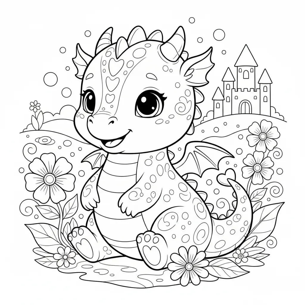 coloring page of a cute dragon sitting amongst flowers with a castle in the background