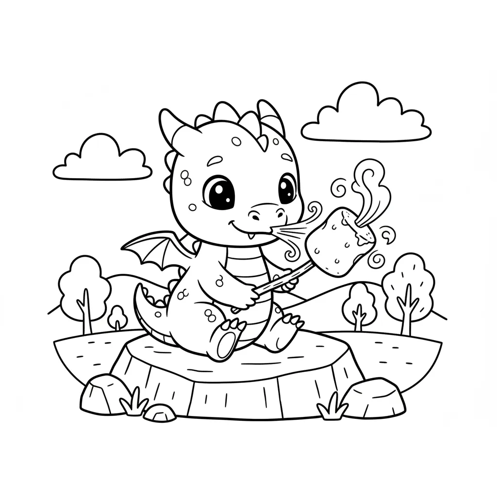 coloring page of a cute dragon breathing fire to roast a marshmallow