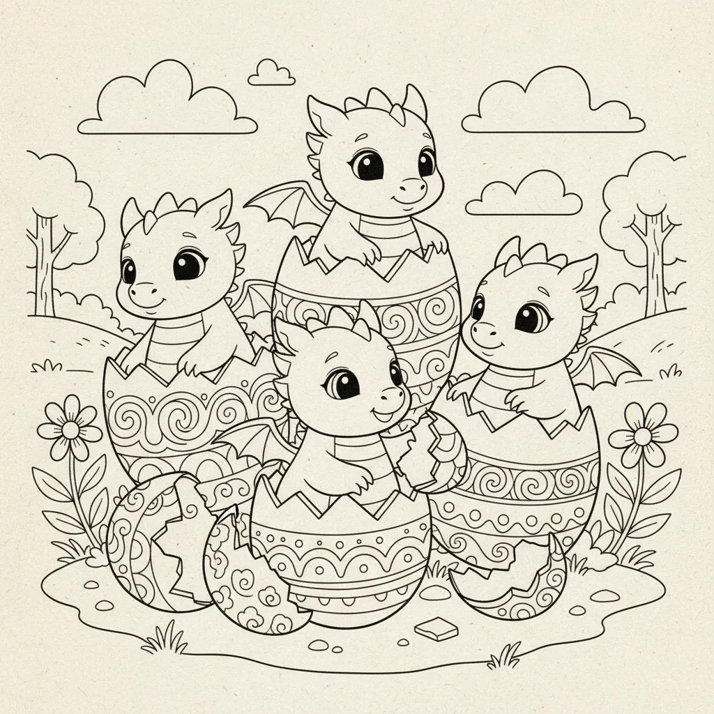 coloring page of a cute dragon hatching from eggs