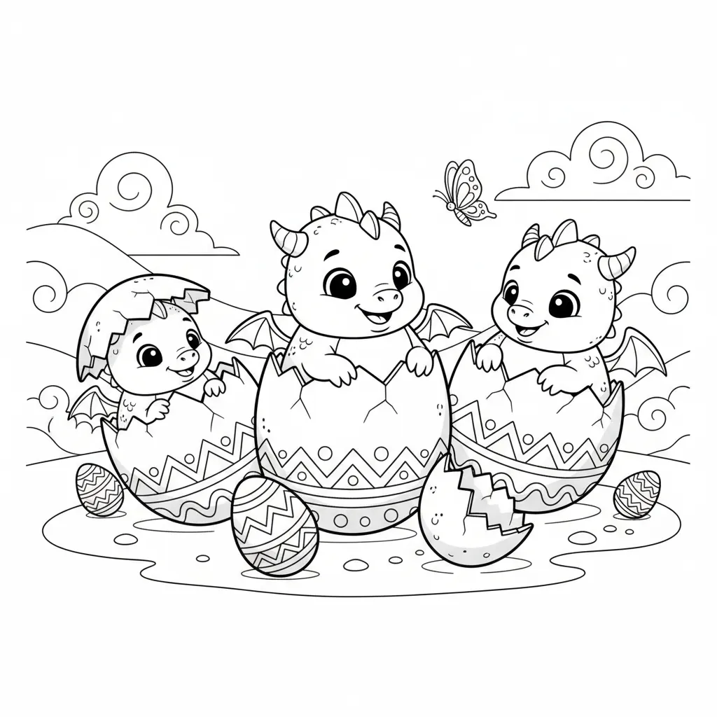 coloring page of a cute dragons hatching from eggs