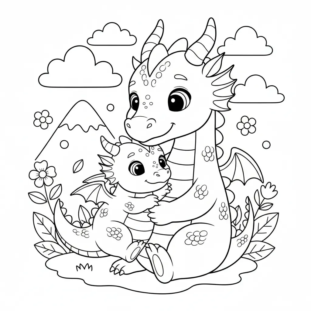 coloring page of a cute mother an baby dragons