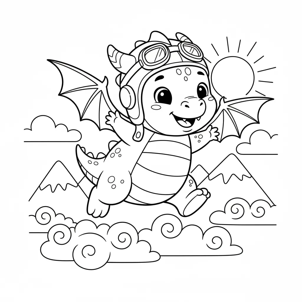 coloring page of a cute dragon flying