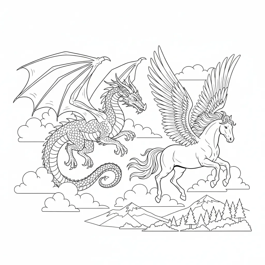 coloring page of a dragon and pegasus flying
