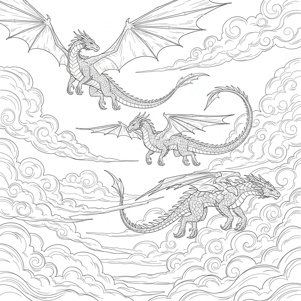 coloring page of 3 dragons flying in the sky