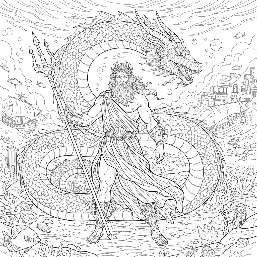 coloring page of a sea dragon and poseidon