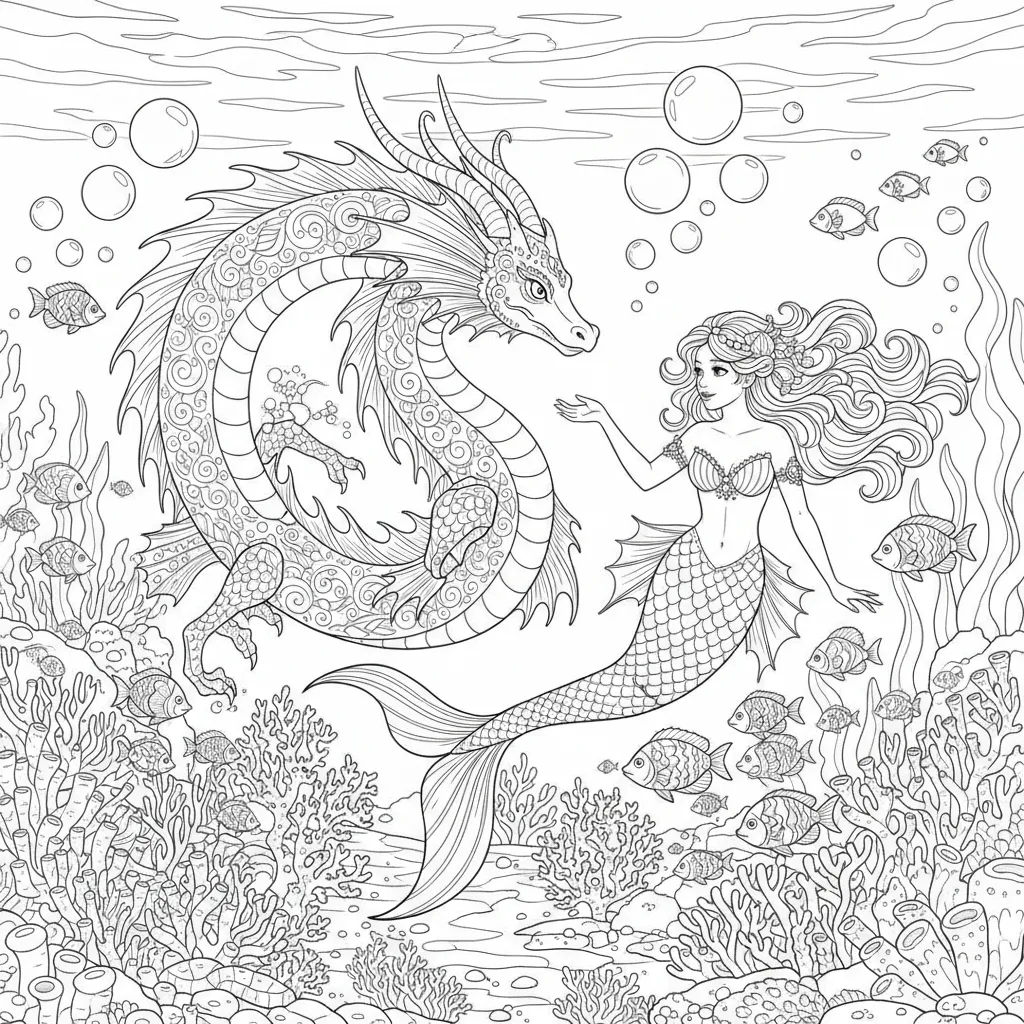 coloring page of a sea dragon and a mermaid