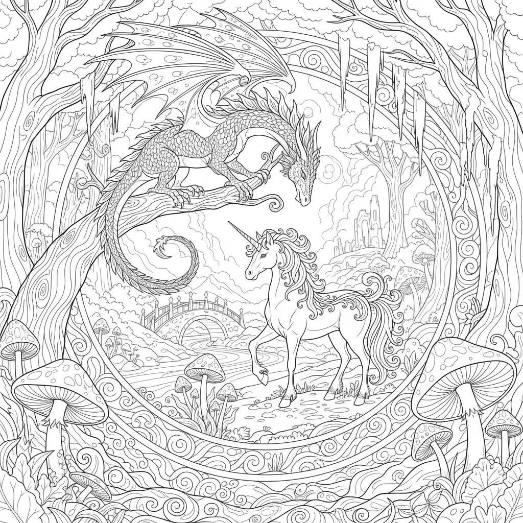 coloring page of a dragon and unicorn in an enchanted forest