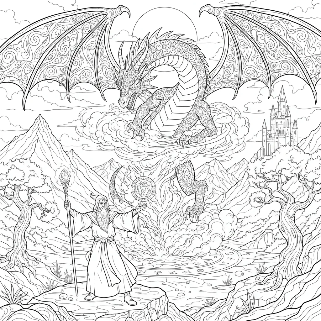 coloring page of a dragon being summoned by a scorceror