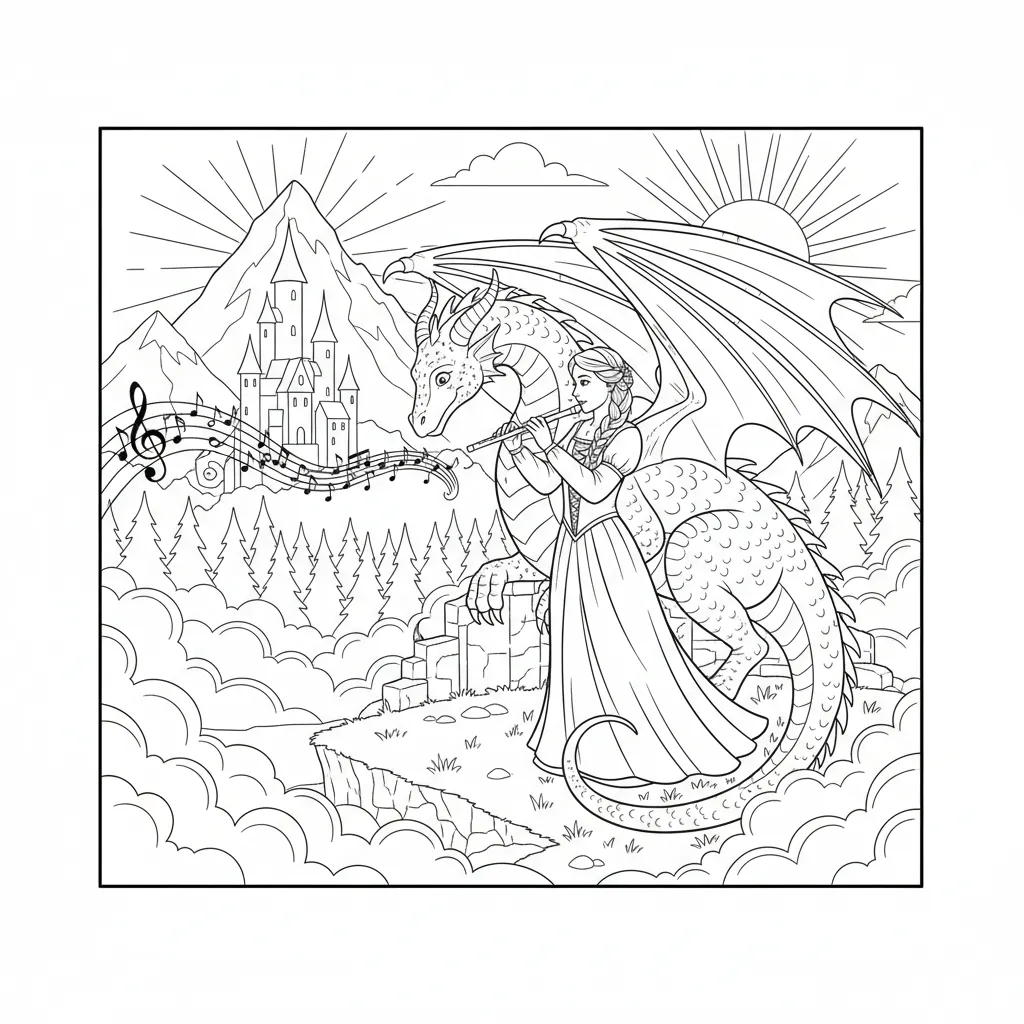 coloring page of a dragon being charmed by a princess
