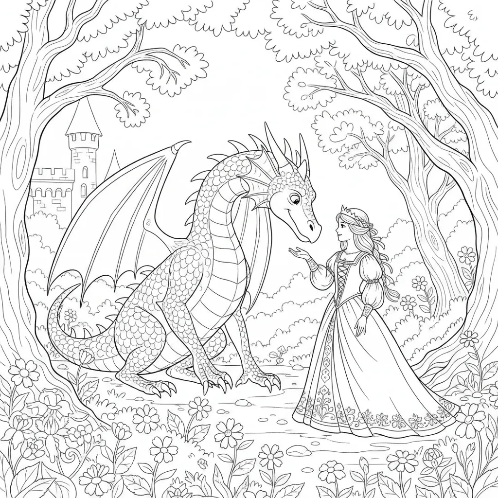 coloring page of a dragon being charmed by a princess