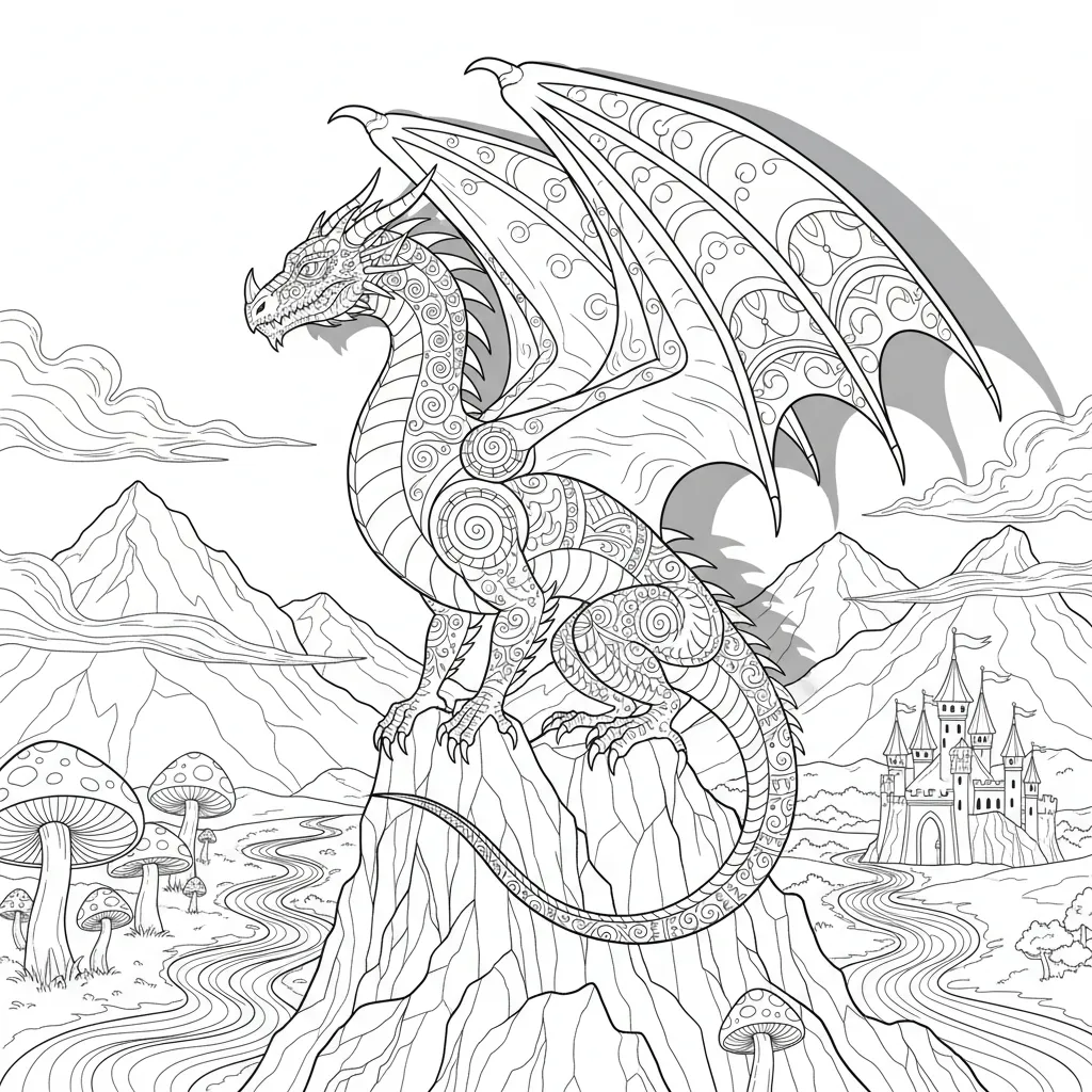 fantasy themed coloring page of a dragon perched on a rock
