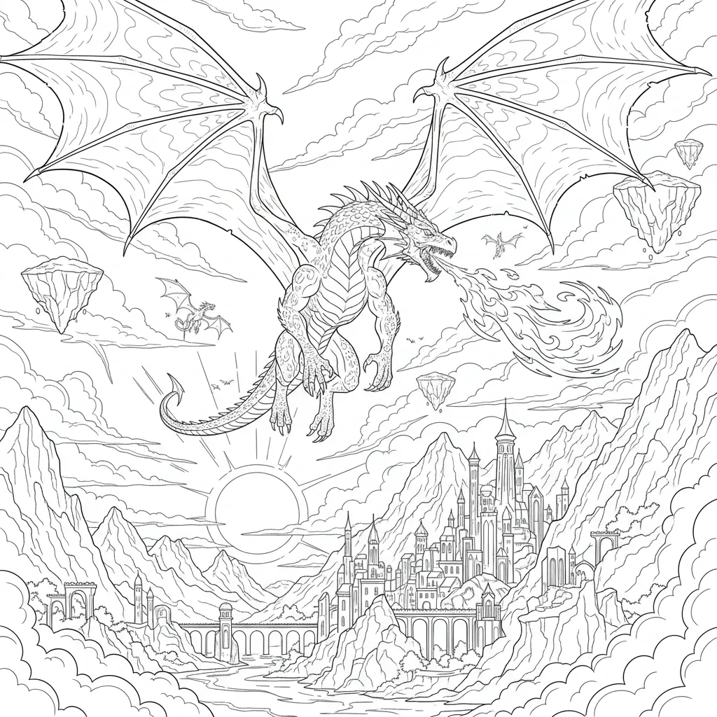 fantasy themed coloring page of a flying dragon breathing fire and a castle in the background