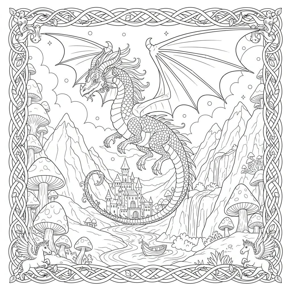 fantasy themed coloring page of a dragon flting with mushrooms and a castle in the background and a decorative border that includes small pageses