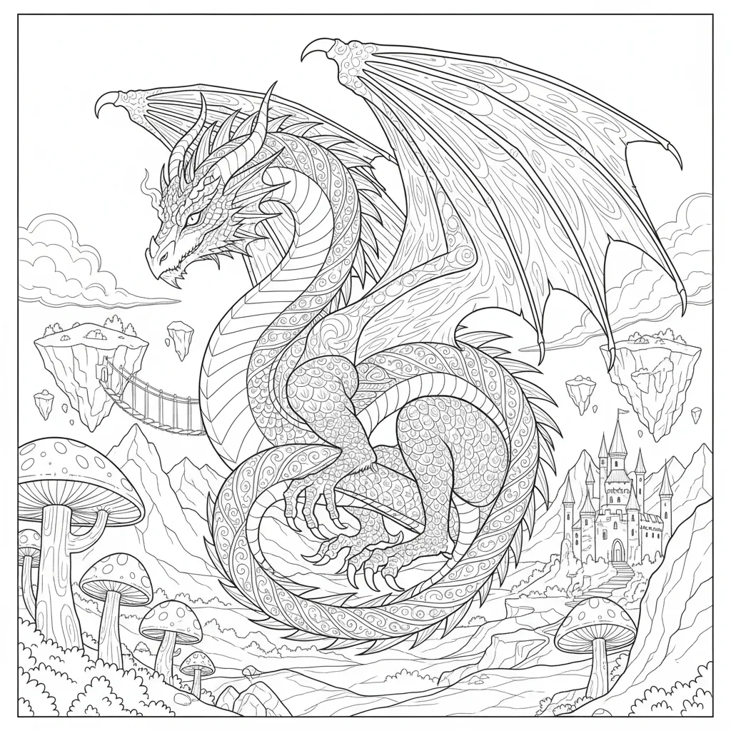 a fantasy themed coloring page of a large dragon