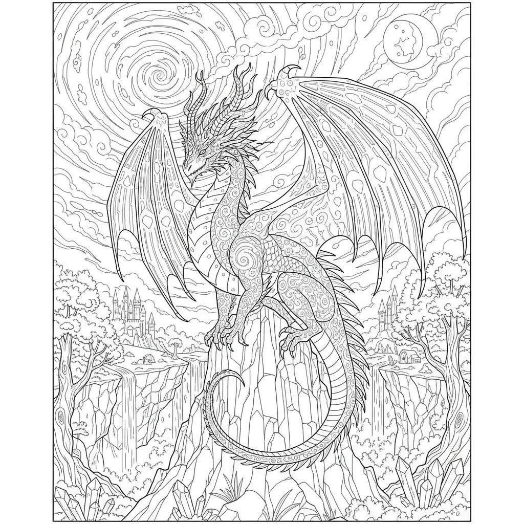 fantasy themed coloring page of a dragon perched on a rock