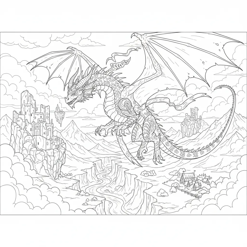 fantasy themed coloring page of a dragon with ruins in the background