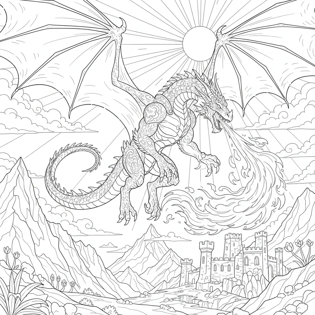 fantasy themed coloring page of a flying dragon breathing fire and a castle in the background