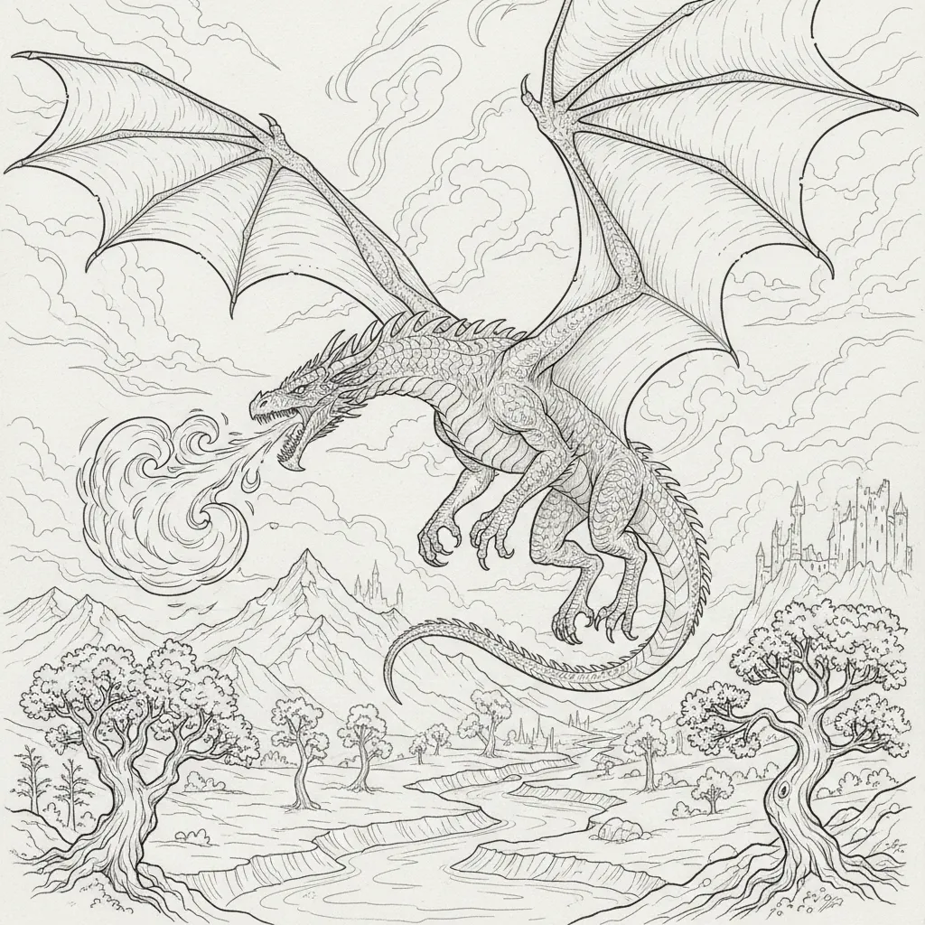 coloring page of a realistic dragon flying and breathing fire
