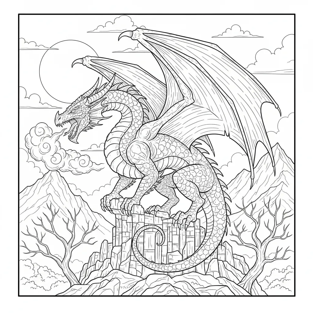 realistic dragon coloring page of a dragon breathing a cloud of fire