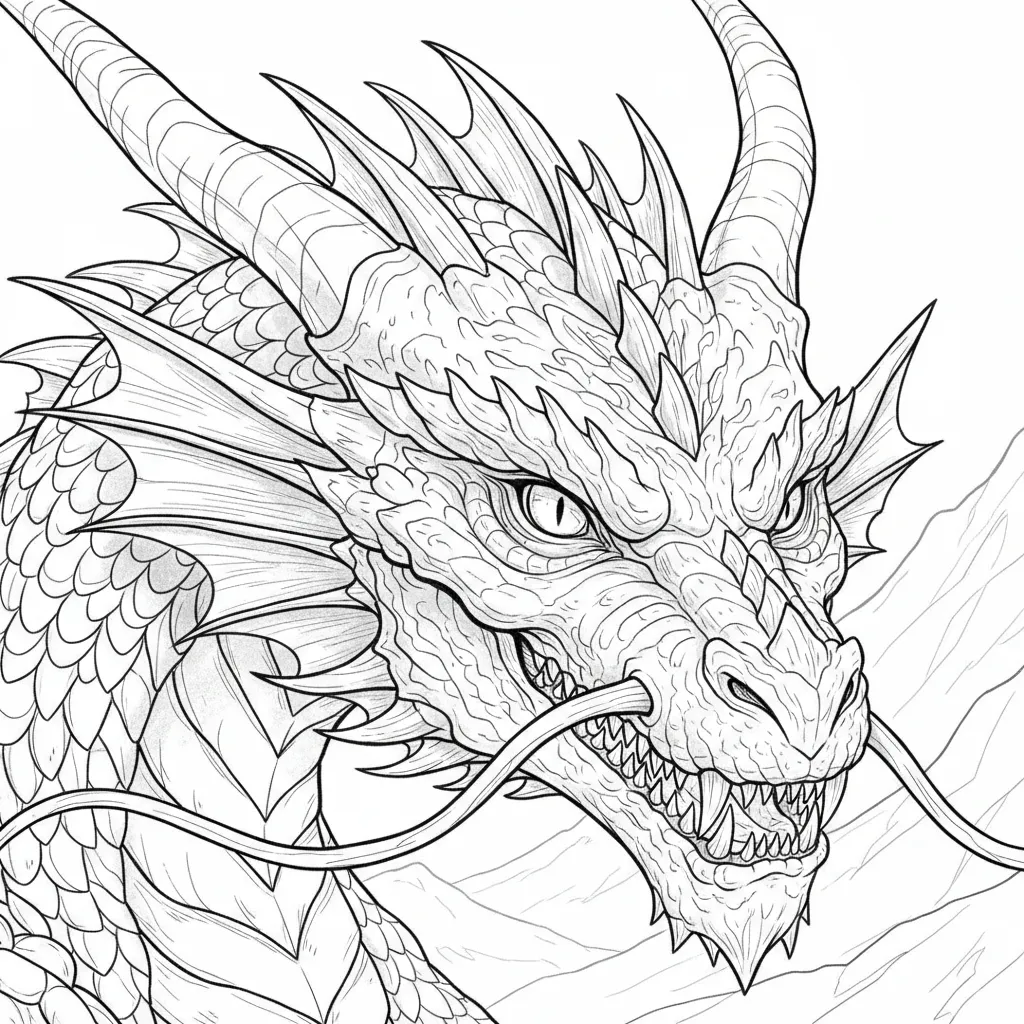 coloring page of a realistic dragon close up