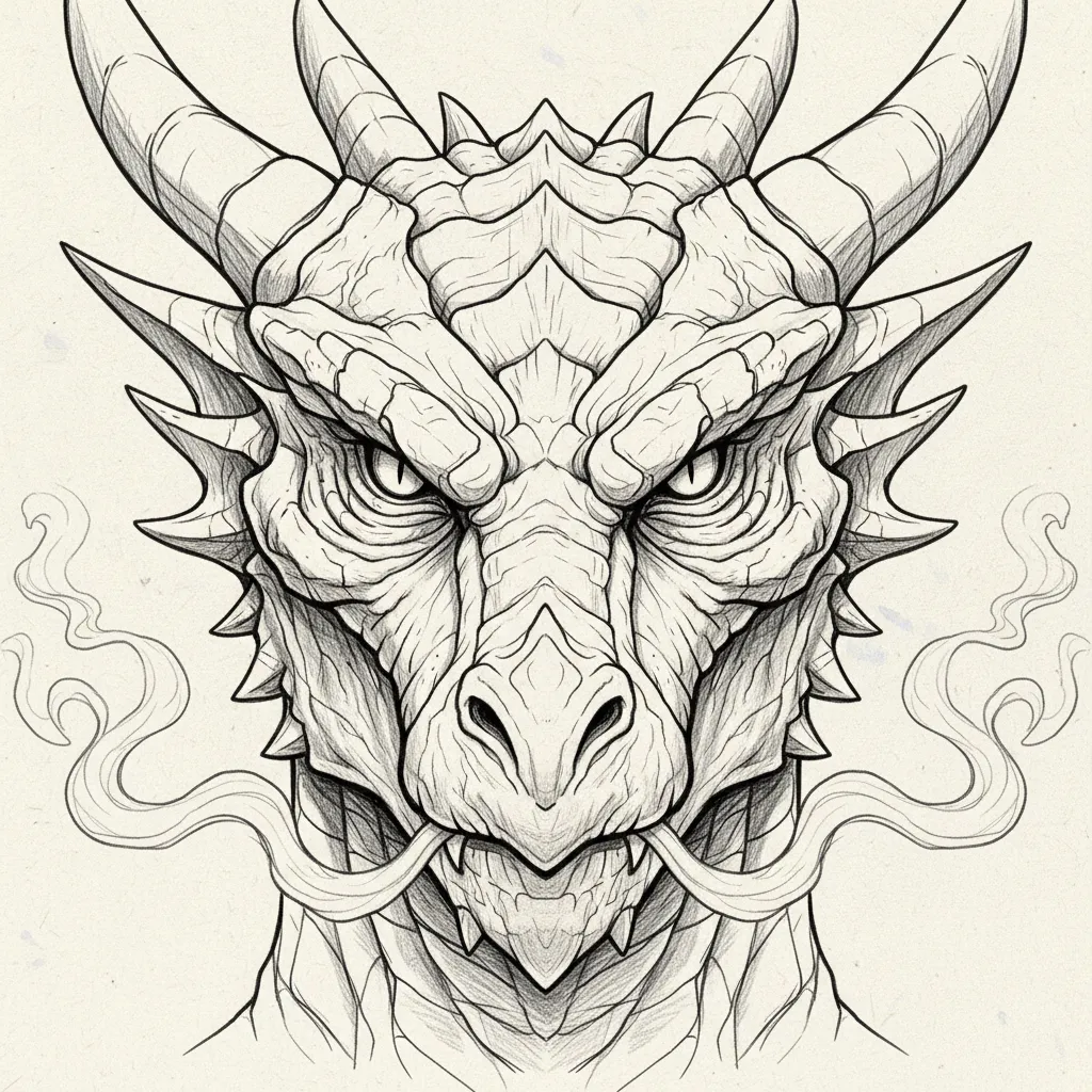 coloring page of a realistic dragon close up